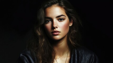 Fototapeta premium Young caucasian female with long hair and dark background