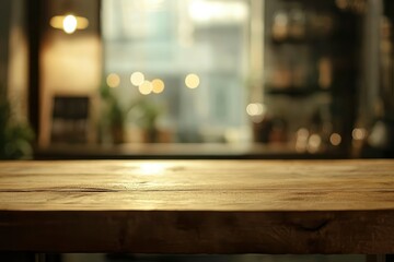 Natural Wooden Table with Cozy Cafe Background