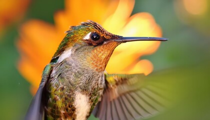 Obraz premium Vibrant and Minuscule A Closer Encounter with the Zunzuncito or Helena Hummingbird Mellisuga helenae, Basking in Tropical Colors on a Petal at Midday