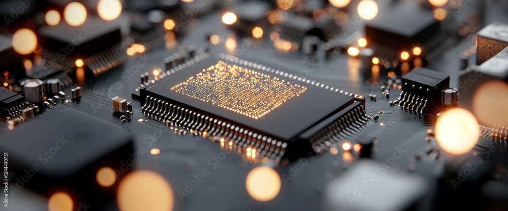 Poster futuristic server with printed circuit boards processing code. the background features orange, green