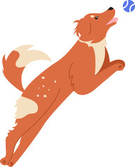 Animated illustration of a playful dog energetically jumping to catch a blue ball. The dog is brown with white patches, exuding excitement and agility against a simple background