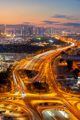 Aerial View of Doha Skyline from Lusail. Katara Lusail express way