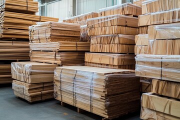 Stacks of freshly processed lumber awaiting shipment in a bustling warehouse environment