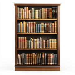 tall bookshelf filled with books, isolated on a white background