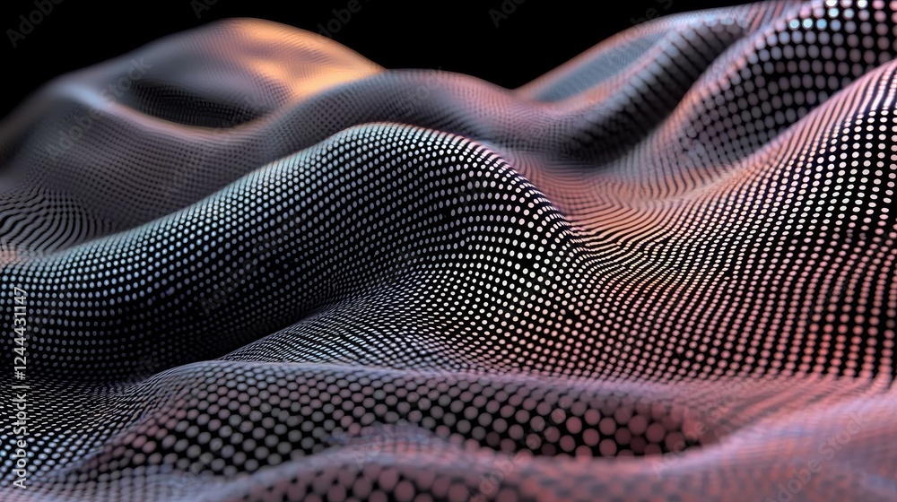 Poster musical sound wave depicted with an abstract background of crossing dots and lines in a 3d format