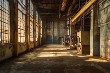 Abandoned industrial space illuminated by sunlight filtering through dusty windows