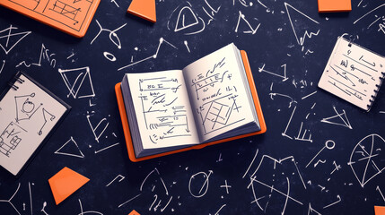 Math textbook with formulas on school blackboard, vector mathematics science, education. Open book with orange cover on background of chalkboard with math formulas, geometric shapes, algebra equations
