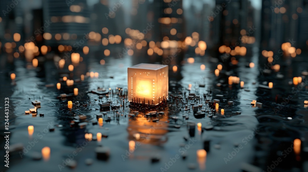 Poster a 3d abstract rendering of a computer processor chip situated on a circuit board, alongside numerous