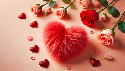 valentine background with a red fluffy heart and rose flowers, on pink romantic backdrop