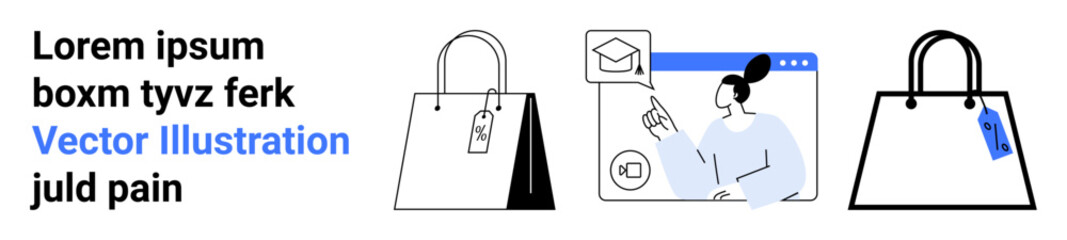 Shopping bags with price tags next to a woman using a virtual learning platform. Ideal for e-learning, online shopping, education technology, e-commerce, mobile apps, marketing, flat landing page