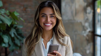 Businesswoman in formal wear, Hispanic, happily using her smartphone at her workstation