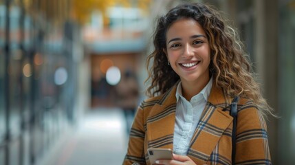 Businesswoman in formal wear, Hispanic, happily using her smartphone at her workstation