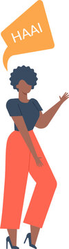 Full length illustration of a young black woman with afro hair, wearing elegant trousers and top, greeting in Afrikaans, saying haai with a speech bubble