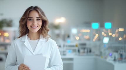 Smiling young female scientist in white lab coat holds documents while standing in modern laboratory. Concept research and scientific expertise