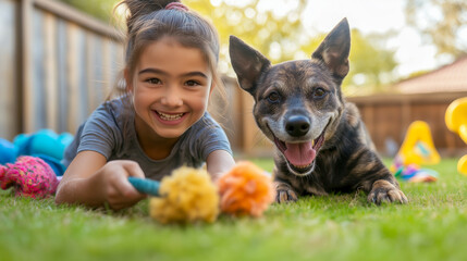 Happy young girl with bright smile plays with her energetic dog in the backyard on sunny day. They are lying on the grass, holding colorful toys