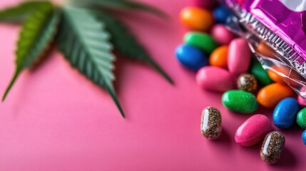 Colorful candy and cannabis leaf on pink surface