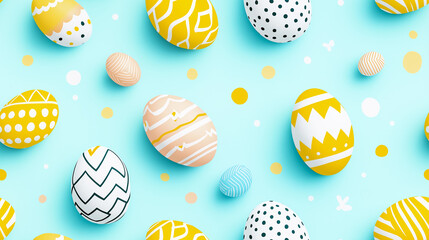 Festive Easter eggs with modern geometric and polka dot patterns in yellow and pastel colors bright turquoise background