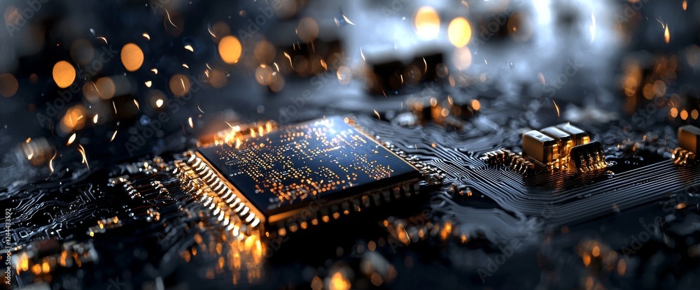 Poster futuristic server featuring a printed circuit board/circuit board for a futuristic server with code 