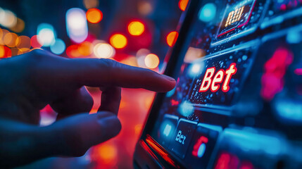 Finger pressing Bet button on digital gambling machine in casino, illuminated by vibrant neon lights, representing online betting