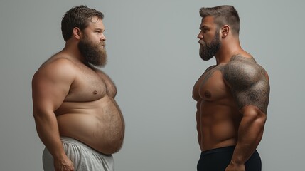 Muscular man and an overweight man stand face to face against a neutral background, symbolizing transformation, fitness goals, and body change