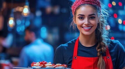 Smiling hispanic female barista serving desserts in cozy cafe ambiance
