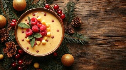 Creamy dessert topped with fresh raspberries and diced fruit, nestled amongst festive holiday decorations.