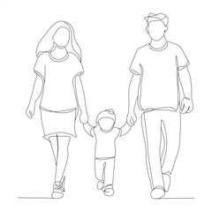 Happy Family Walking Together in Continuous Line Art Parents and Child Sketch Illustration.	