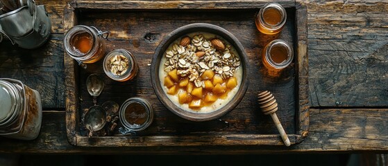 A healthy and delicious breakfast bowl filled with oatmeal, fruit, nuts, and honey.