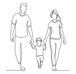 Happy Family Walking Together in Continuous Line Art – Parents and Child Sketch Illustration.	