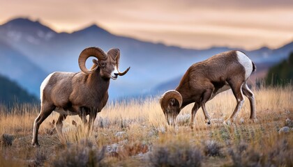 Naklejka premium Striking Bighorn Sheep Grazing Against a Snowy Backdrop in the Majestic Landscape of Gardiner, Montana, Showcasing the Wilderness Beauty and Serenity.