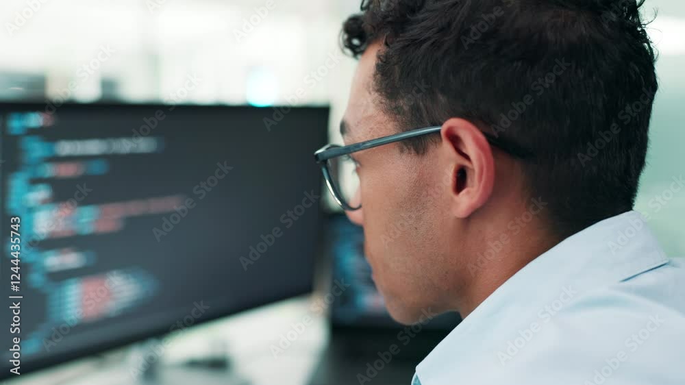 Aufkleber Man, software developer and coding with computer screen for cybersecurity, app development or programming at office. Male person, programmer or web design with display for HTML, UX or AI at workplace