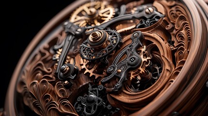 Intricate watch mechanism close-up,  brown gold gears, dark background, luxury timepiece detail