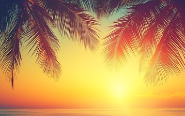 Tropical sunset framed by palm fronds.