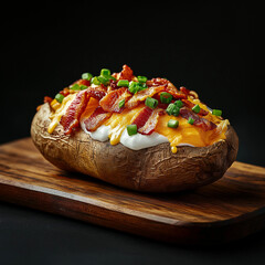 Gesunder Ofenkartoffel-Bowl mit Käse, Speck, Sauerrahm und Frühlingszwiebeln

