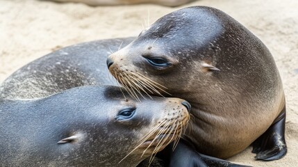 Fototapeta premium Close-up of sea lions resting on sandy beach wildlife photography. International Seal Day