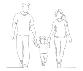 Happy Family Walking Together in Continuous Line Art – Parents and Child Sketch Illustration.	