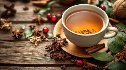 Fototapeta premium Warm spiced tea in a cozy mug, surrounded by aromatic herbs and spices on a rustic wooden surface.