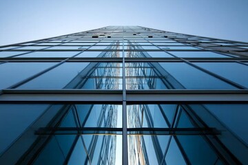 Obraz premium Bottom-up perspective of high-rise reflective buildings representing a modern urban business district