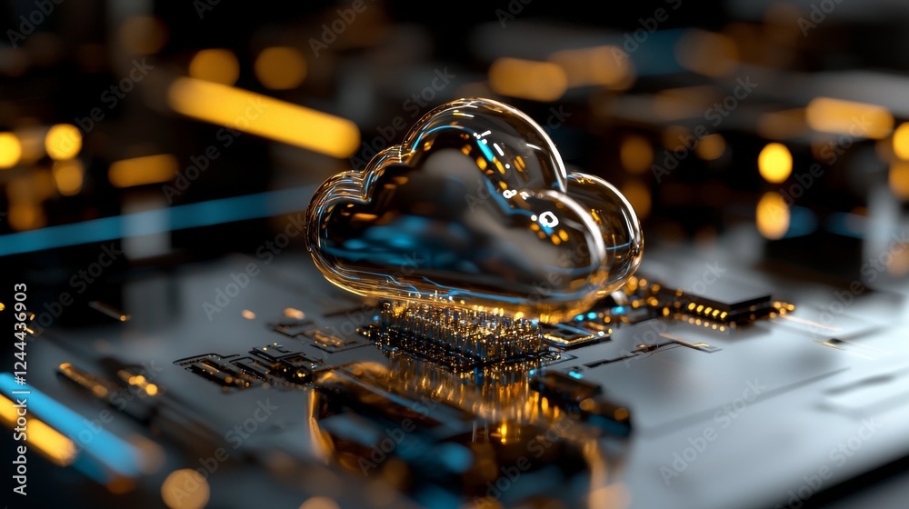 Aufkleber Digital informational technology with a futuristic hologram featuring a cloud icon, illuminated by blue and golden light, set against a background of digits and code, representing cloud computing.