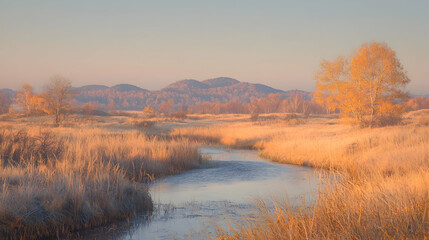 Autumn River Landscape Sunrise over golden meadow, calm river flowing through, misty mountains background. Ideal for nature, travel, and seasonal design