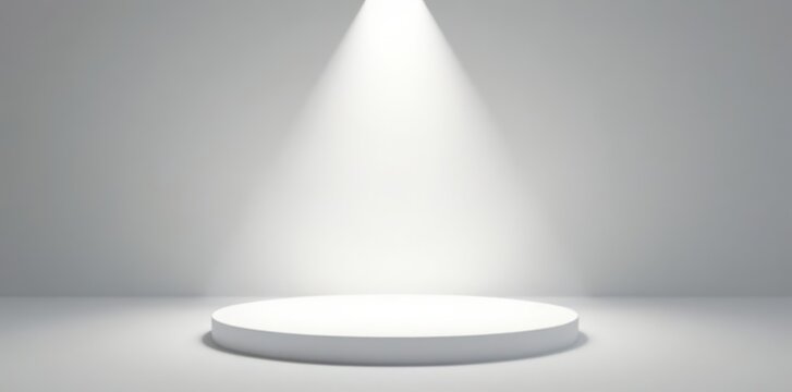 Clean, intensely lit white stage; single spotlight center , studio, backdrop