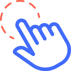Blue hand cursor is clicking with index finger on a white background with a dotted red circle, representing digital interaction, online activity, and modern communication