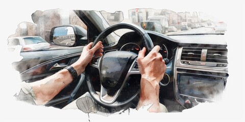 Hands on steering wheel in urban traffic scene for driving safety awareness. Distracted Driving Awareness Month