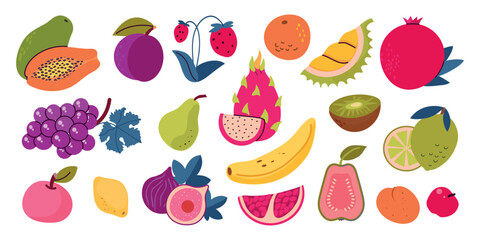 Set collection of colorful fruits and berries. Pear, guava, apricot, durian, pitaya, plum, apple, lemon, banana, pomegranate, fig, orange, kiwi, grape, lime, strawberry isolated illustrations