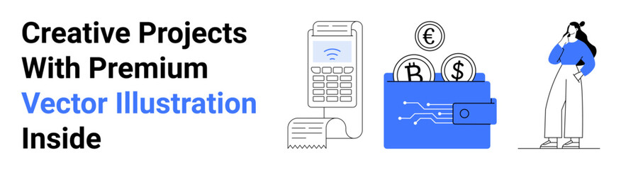 Wallet with coins and credit card, electronic payment terminal, and thoughtful woman in casual attire. Ideal for fintech, savings, investment, budgeting, payments, financial planning flat landing