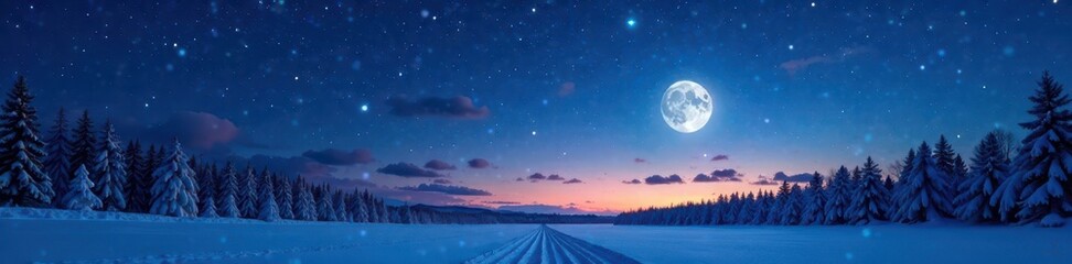 Fototapeta premium Winter night sky with stars, moon, and a festive horizon, winter, sky