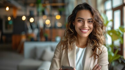 Businesswoman in formal wear, Hispanic, happily using her smartphone at her workstation