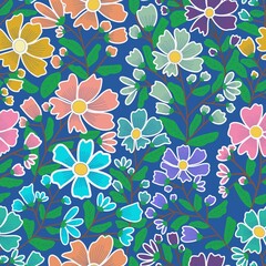 Obraz premium A seamless floral pattern with colorful flowers and green leaves on a deep blue background. This vibrant and lively design is ideal for fabric prints, wallpapers, gift wrapping, and digital projects.