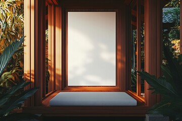 Tranquil Meditation Nook with Blank Canvas and Tropical Foliage