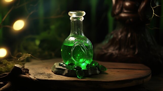 Mystical potion bottle with green elixir in enchanted forest setting